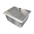 1/2 size stainless steel steam pan with hinged lid closed, black knob
