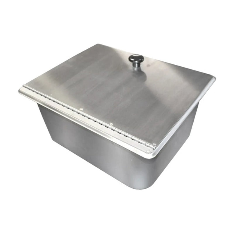 1/2 size stainless steel steam pan with hinged lid closed, black knob
