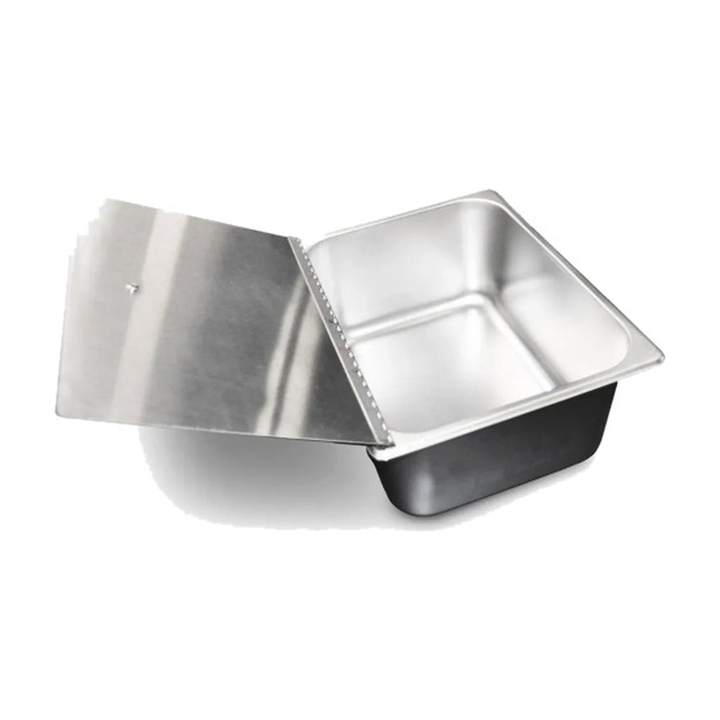 1/2 size stainless steel steam pan with hinged lid open