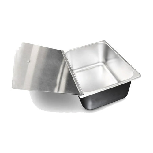 1/2 size stainless steel steam pan with hinged lid open