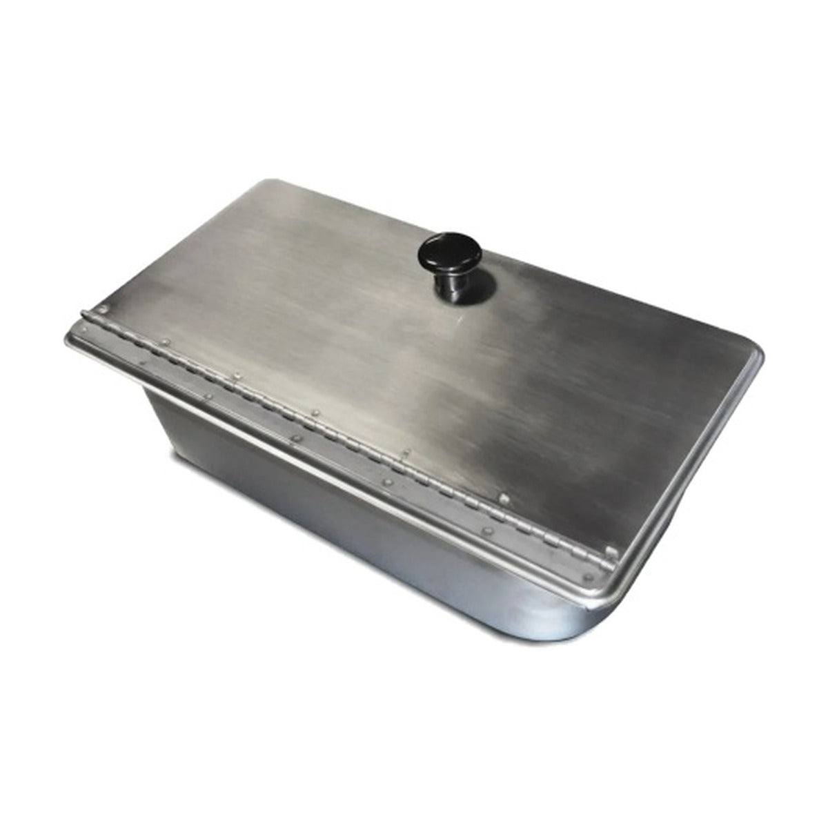 1/3 size stainless steel steam pan with hinged lid closed, black knob
