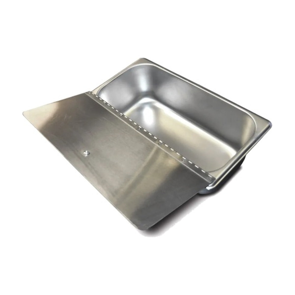1/3 size stainless steel steam pan with hinged lid open