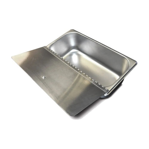 1/3 size stainless steel steam pan with hinged lid open
