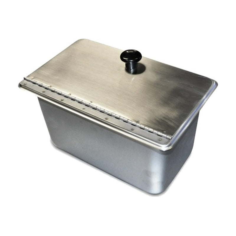 1/4 size stainless steel steam pan with hinged lid closed, black knob