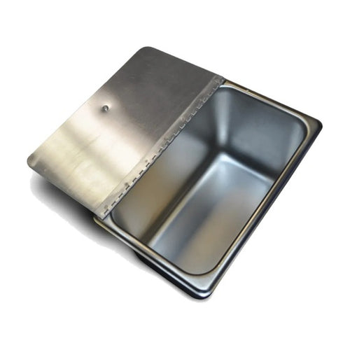 1/4 size stainless steel steam pan with hinged lid open