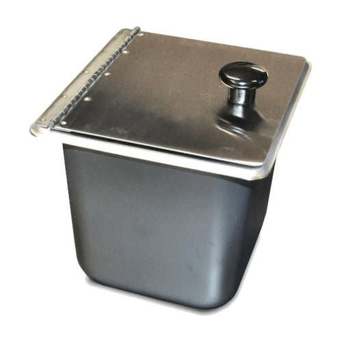 1/6 size steam pan, side view showing the stainless steel lid hinge