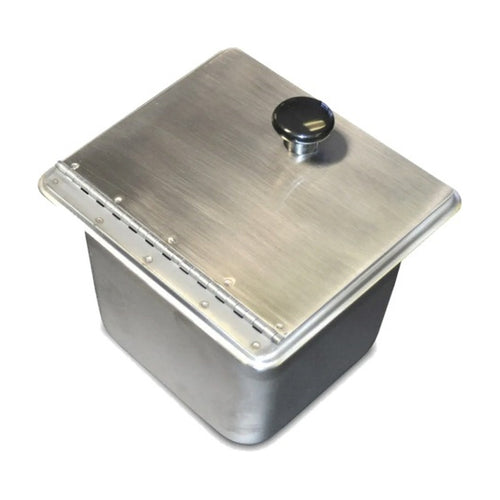 1/6 size stainless steel steam pan with hinged lid closed, black knob