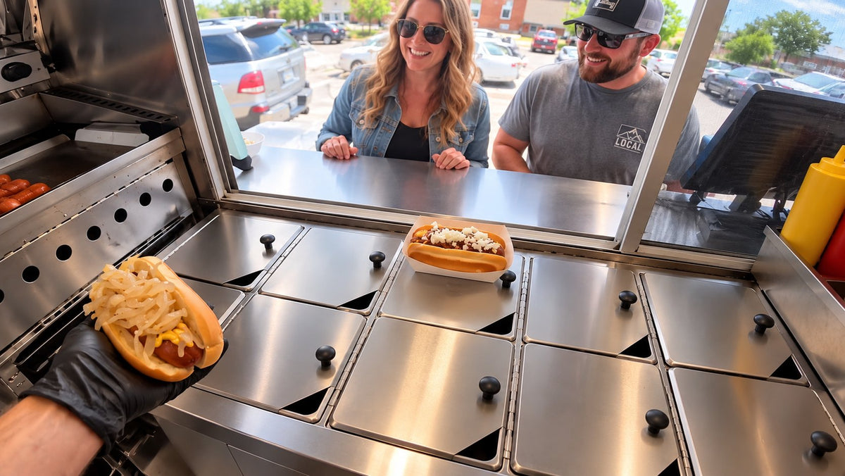 Hot dog cart steam table with hinged stainless steel steam pan lids closed, serving customers at the window